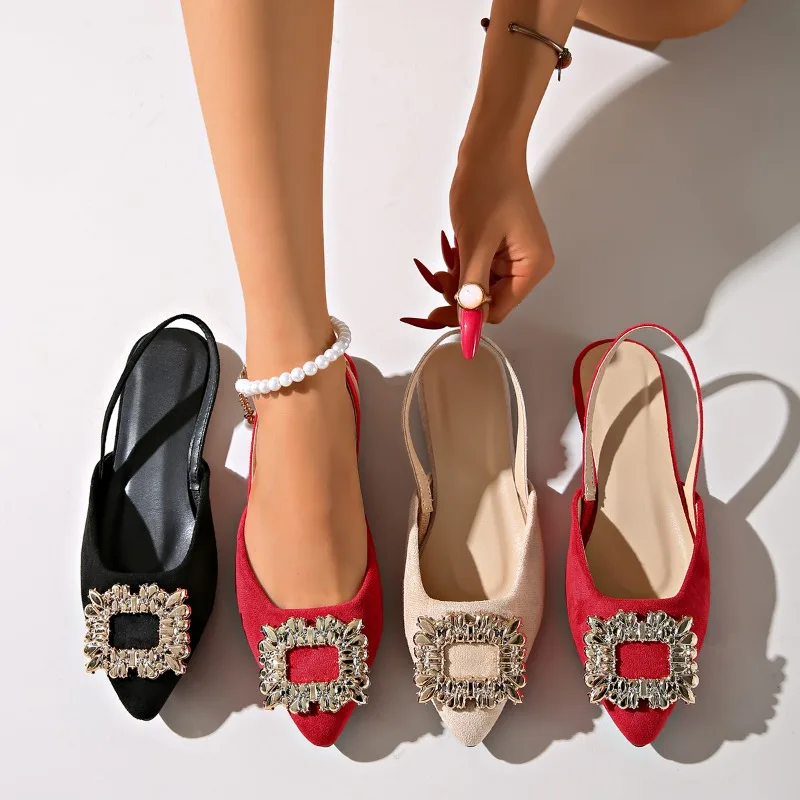 New Summer Rhinestone Pointed Toe Women's Sandals 2026 Fashion Solid Color Slingback Casual Women Shoes Сандалии Для Девочек
