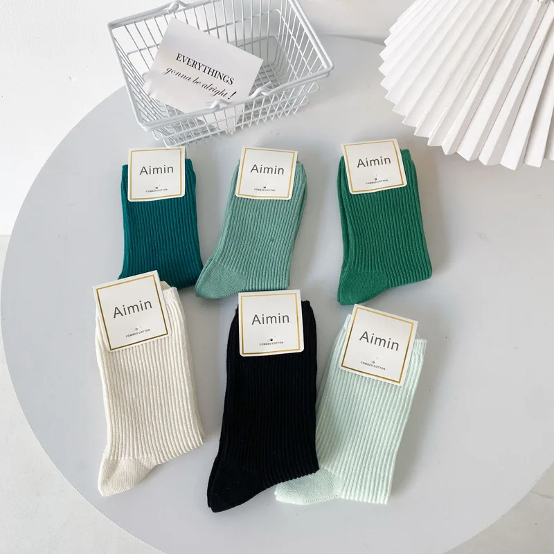 New Japanese Double Needle Pile Socks Green Spring and Autumn Long Socks Breathable Sweat Absorption Solid Color Cotton Socks