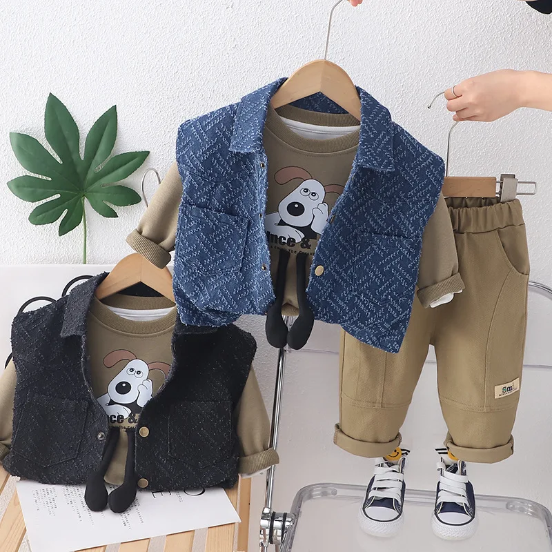 

Boys Clothes Sets Spring Autumn 2024 Children Denim Vest T-shirts Pants 3pcs Tracksuits For Baby Cute Suit Kids Outfits Toddler