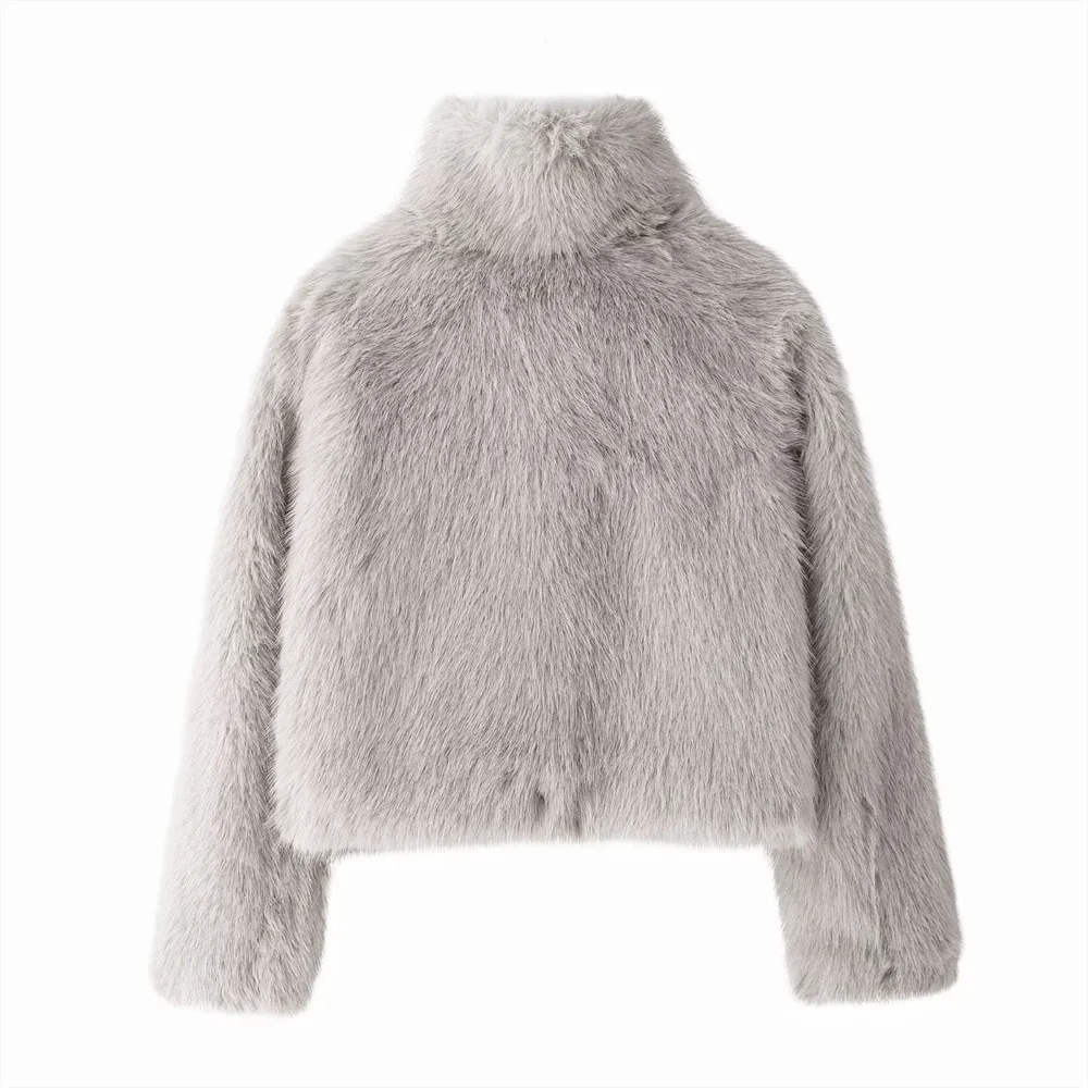 2024 New autumn and winter fashion temperament artificial fur stand up collar short plush jacket top