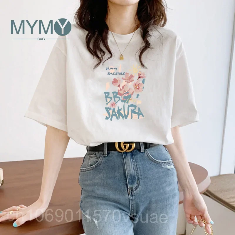 Summer Short Sleeve Women T-Shirts Plus Size Clothing Graphic Flower Print Fashion Casual Tees White Female O-Neck Harajuku Tops