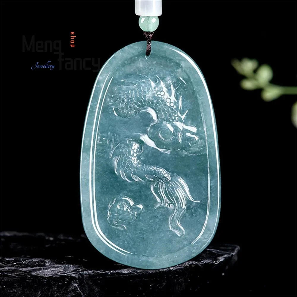 Natural A-goods Jadeite Blue Water Hegemony Dragon Sign Atmospheric Zodiac Dragon Ice Jade Pendant Exquisite Fashion Jewelry