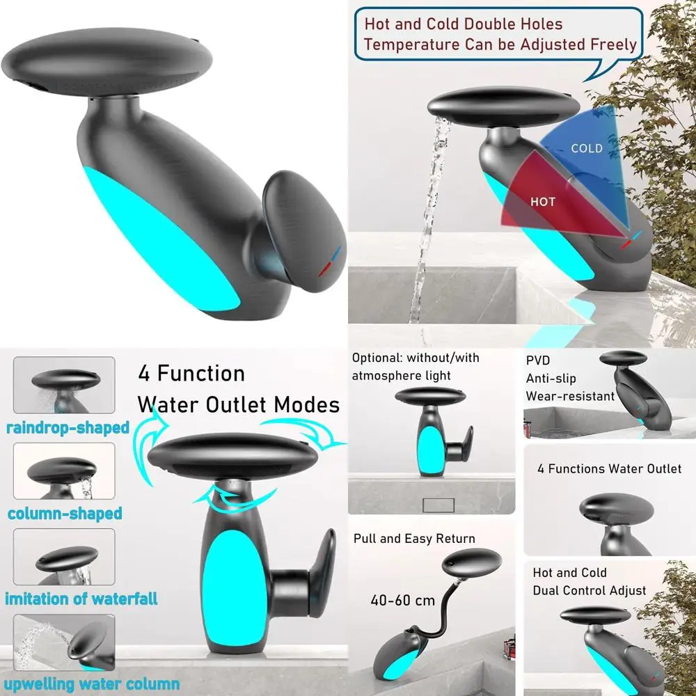 

Современный смеситель для раковины с одной ручкой со светодиодной подсветкой и выдвижным распылителем для горячей и холодной воды