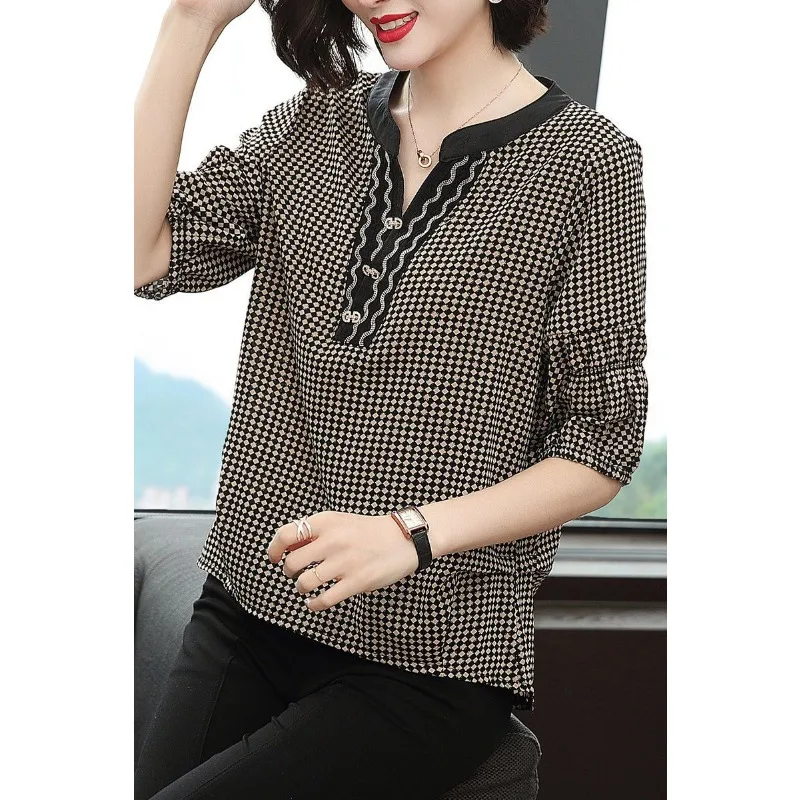 Mode Plaid frauen Lose kurzarm T-shirt frauen Chiffon V-ausschnitt Gedruckt Elegante Pullover Dünne Top