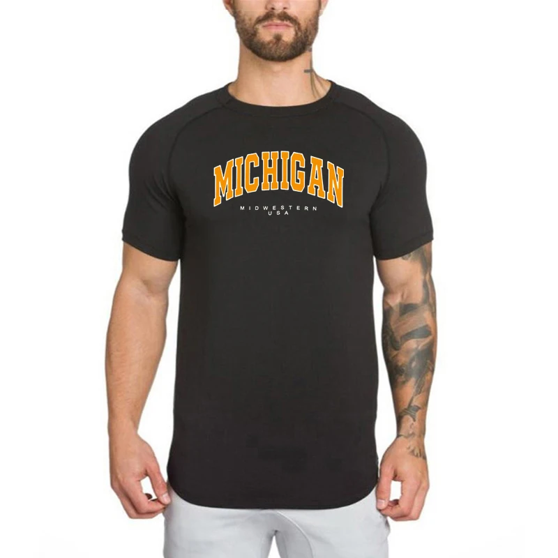 Michigan Midwestern USA Print Shirts Gym Fitness Short Sleeve Slim Fit T-shirts Cotton Breathable Mens Fitness Hip Hop Clothing