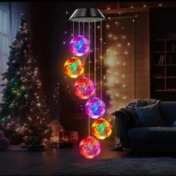 1pc Solar Powered Color Changing Pink Embroidered Ball Flower Wind Chime Light Outdoor Night Light Hanging Solar Lamp