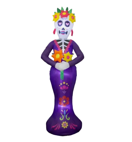 7ft / 2.1m Halloween Inflatable Day of the Dead Lady Skeleton, LED Light Up Sugar Skull Calavera Yard Decoration