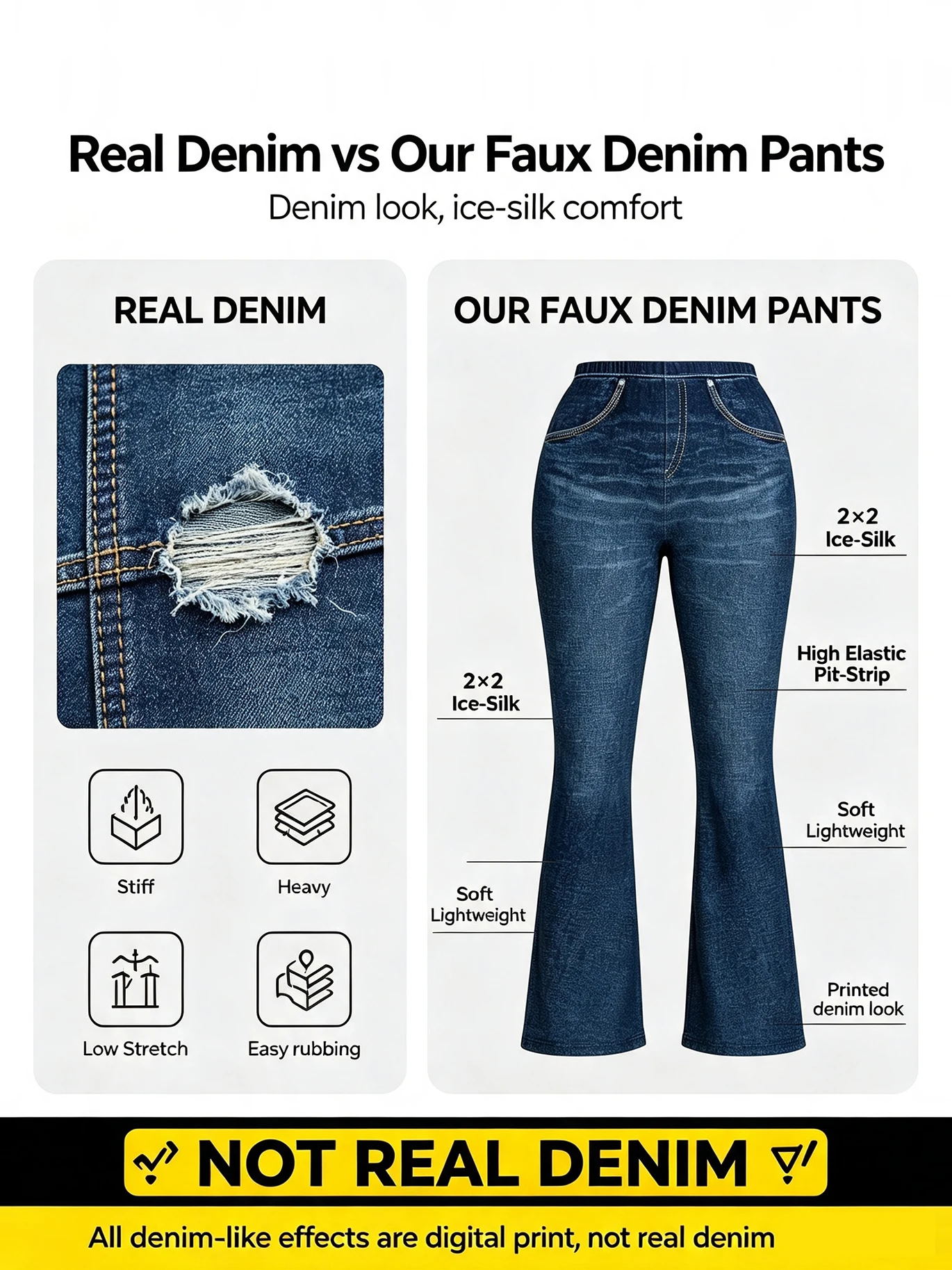 Pantaloni svasati ad alta elasticità con stampa denim taglie forti Pantaloni casual da donna in tessuto non jeans dimagranti comodi e snellenti