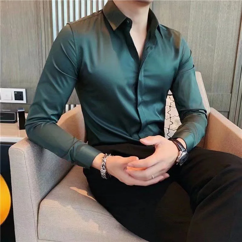 Green Shirts And Blouses For Men Business Long Sleeve Plain Man Tops Cool Cotton Aesthetic Wholesale Silk Clothing Casual S