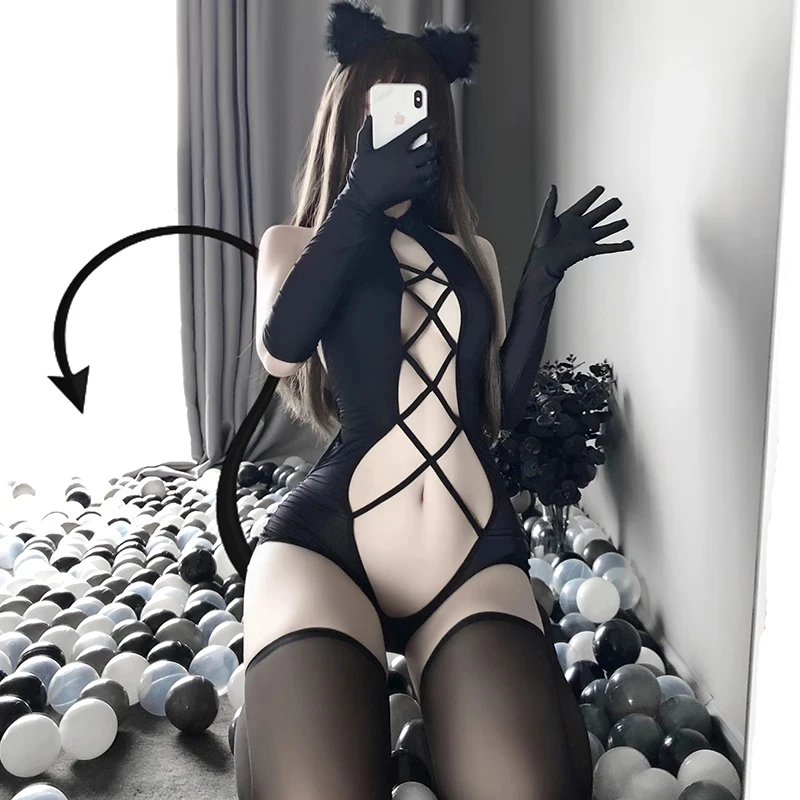 Hot sales Women Sexy Bodysuit Erotic Lingerie Anime Devil Cosplay Costumes Open Front Black Cat Role Play Underwear Set