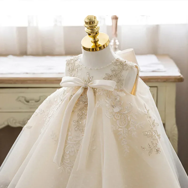 

Korean Baby Girl Baptism Dress Kids Beading Bow Lace Tulle Toddler Christening Gown 1st Birthday Dresses Infant Boutique Vestido