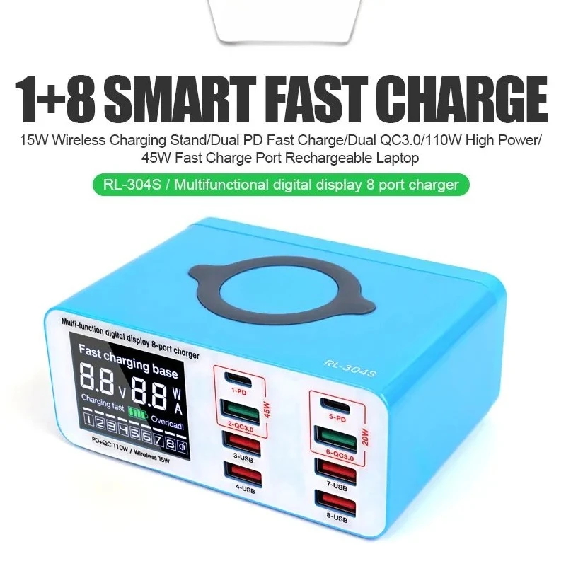 

RL-304S 8-портовое USB-зарядное устройство с поддержкой QC3.0, беспроводной PD с цифровым дисплеем для ноутбука, iPad, телефона, быстрая зарядка