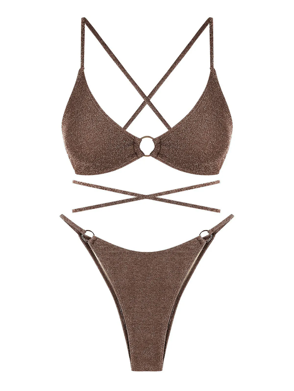 ZAFUL Criss Cross Floss Tie Metallic Sparkly Glitter Shimmery O-ring Bikini Stroje kąpielowe