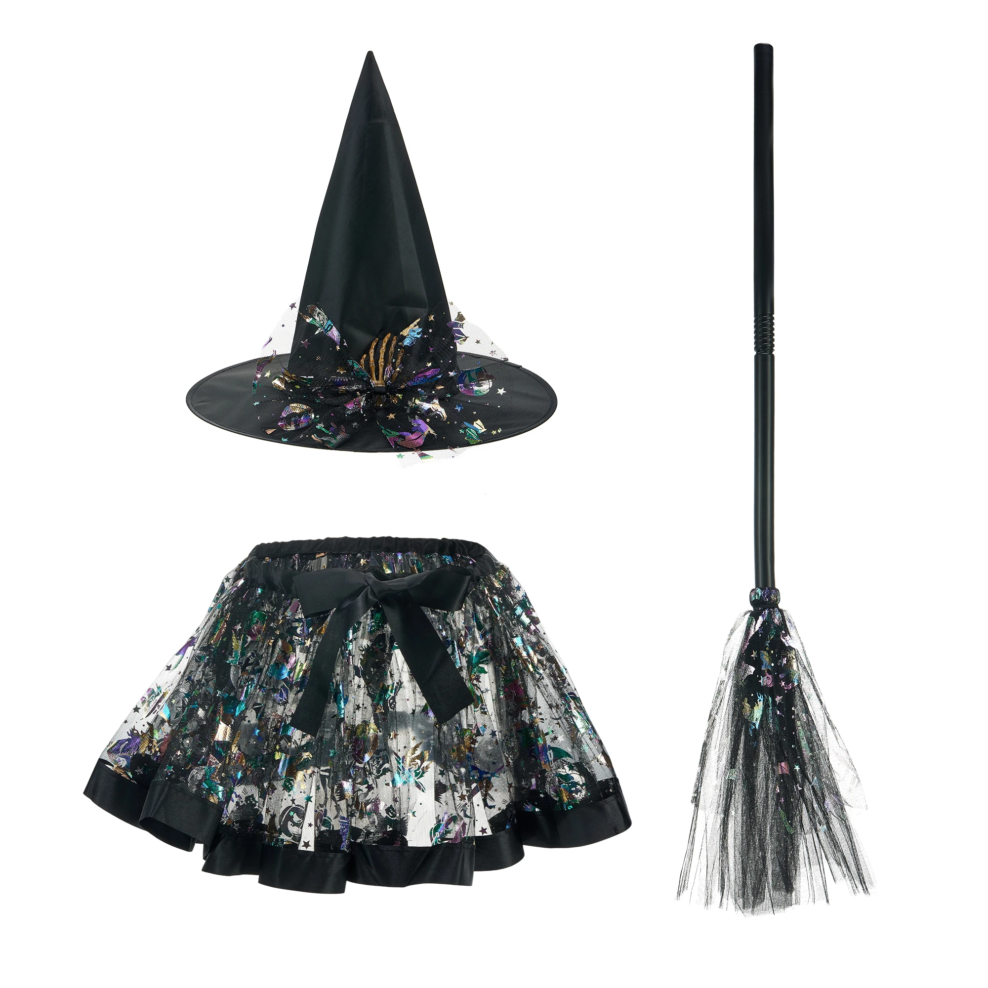 

Детский костюм ведьмы на Хэллоуин с юбкой-пачкой, шляпой ведьмы и метлой, комплект из 3 предметов для косплея на Хэллоуин