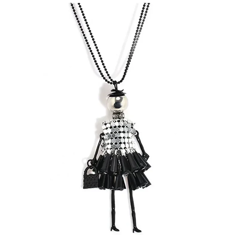 Korean Fashion Women\'s Sweater Chain Necklace Black Red Cartoon Doll Pendant Beads Link Necklaces For Women Christmas Gift