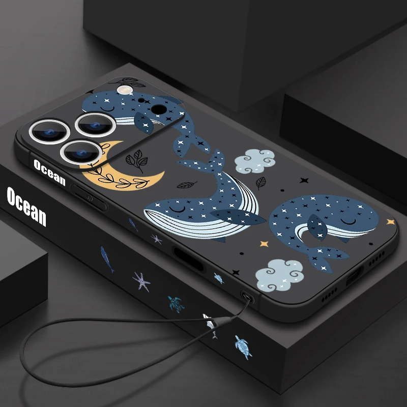 For iPhone 17 Pro Max Case Lovely Cartoon Whale Pattern Lanyard Phone Cover For Funda iPhone 16 Pro Max 15 14 13 12 11 16e Air