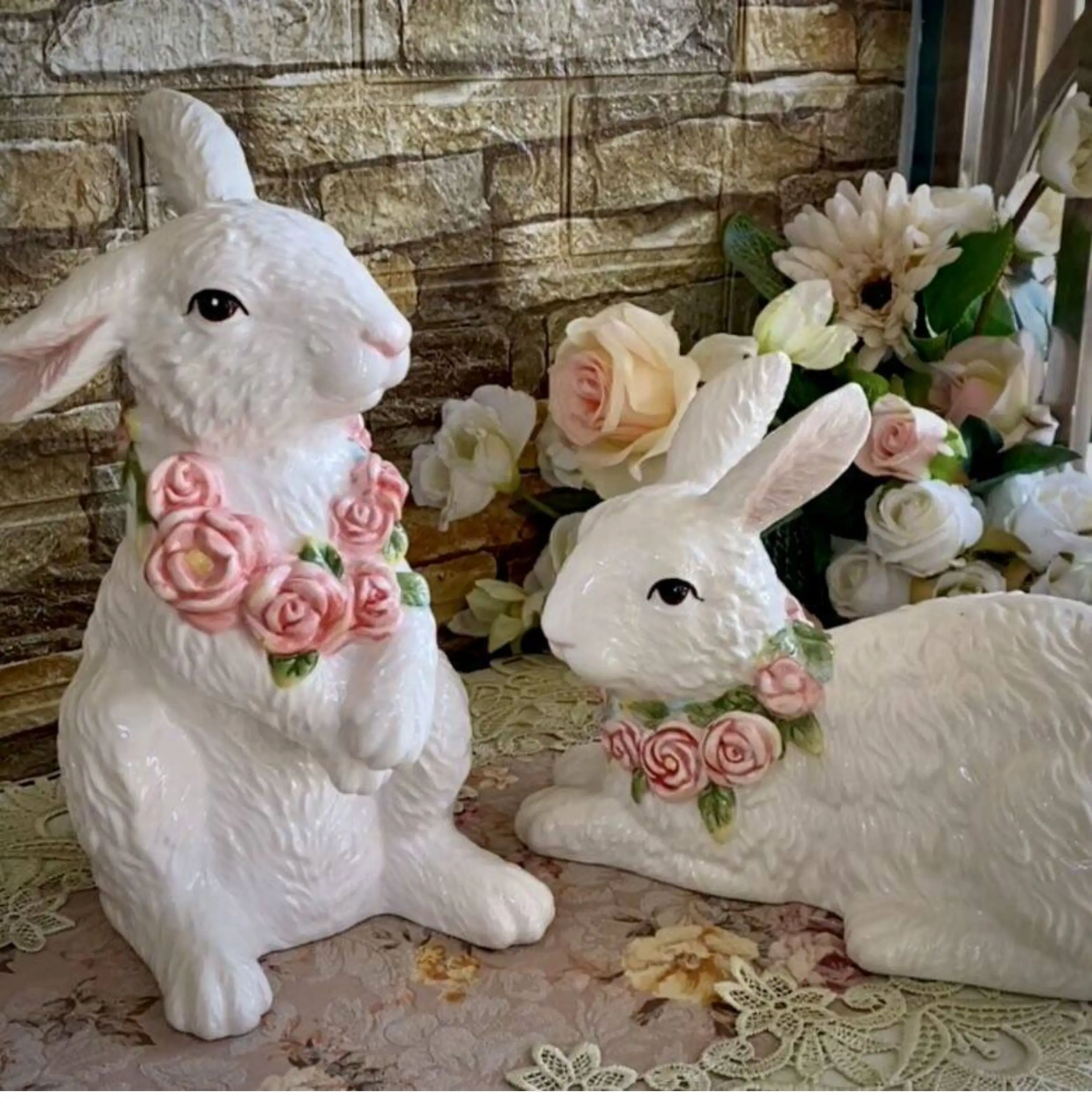 Ceramic rabbits Lovers Figurines Home Decor Garden Ornament Crafts Room Wedding Decoration Gift Porcelain Animal statue