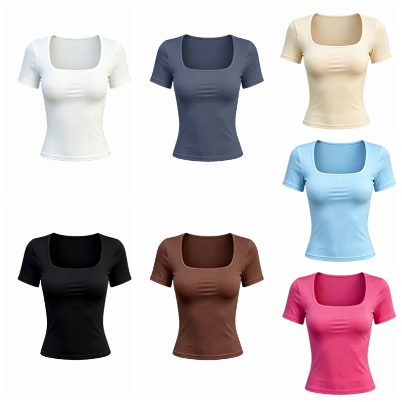 Womens Short Sleeve Slim T‑shirt Basic Solid Square Collar Undershirt Soft Stretchy Knit Base Layer Top Female Daily Casual Wear