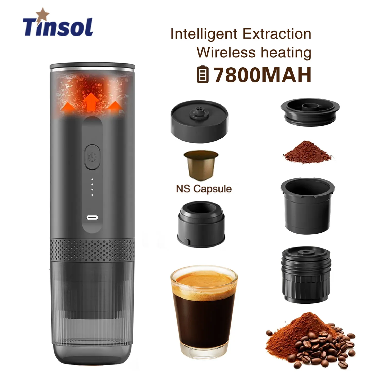 TINSOL 3 in 1 무선 휴대용 에스프레소 머신 캡슐 커피 파우더 여행용 커피 메이커 스마트 추출 무선 가열
