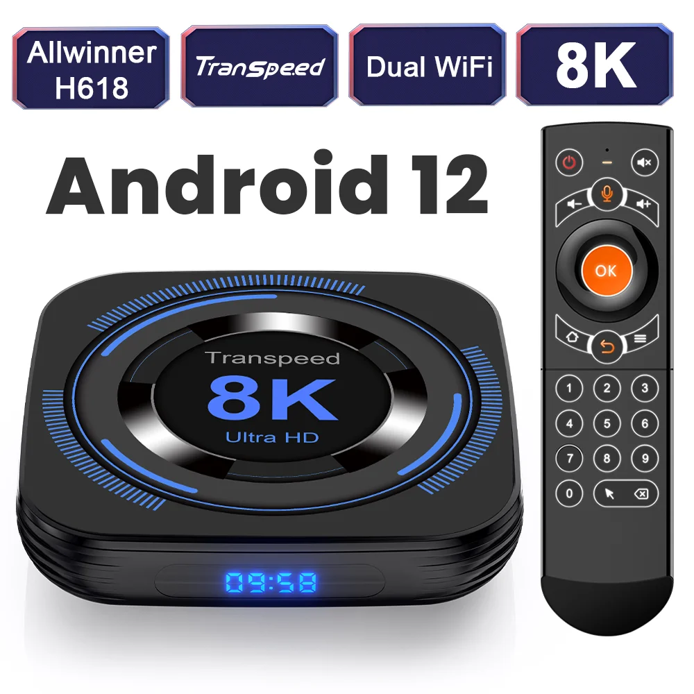 Transpeed Android 12 TV BOX Allwinner H618 Dual Wifi رباعي النواة Cortex A53 دعم 8K فيديو 4K BT مشغل الوسائط الصوتي فك التشفير