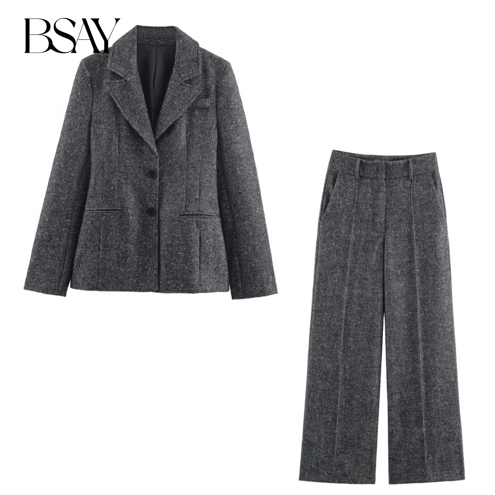 

BSAY Blend Two-piece Set for Women Fashion Autumn Winter New Solid Long Sleeved Blazers Suit Jacket High Waist Straight Pants