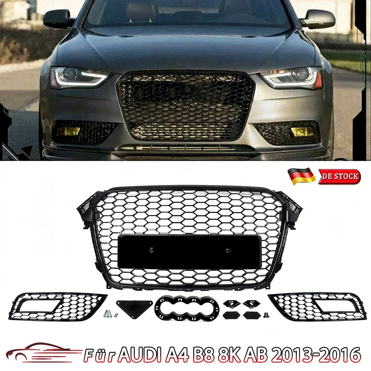 Griglia Centrale Anteriore Stile RS Nero Lucido per Audi A4 B8.5 2013-2016 e Copertura Fendinebbia Sinistra e Destra a Nido d'Ape