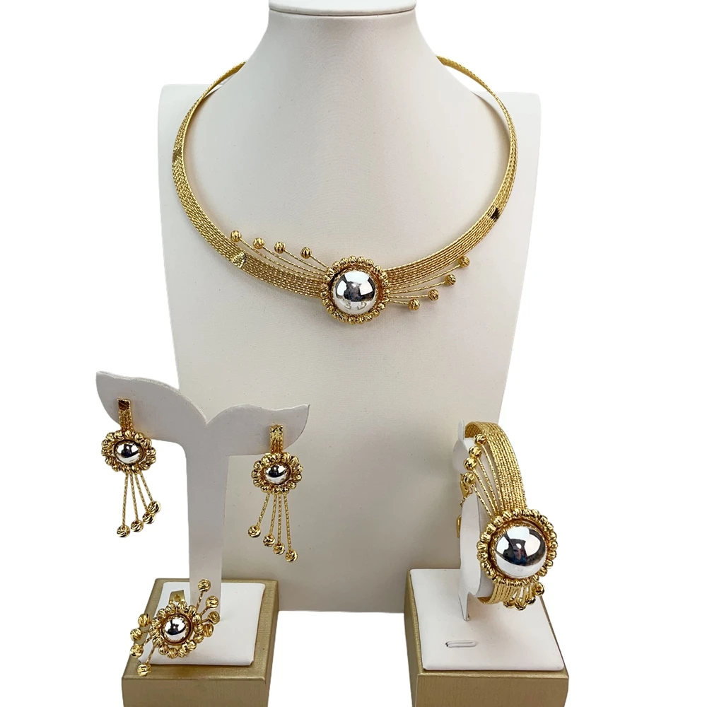 Yuminglai دبي طقم مجوهرات مطلية بالذهب للنساء أقراط سوار خواتم هدايا حفلات الزفاف اكسسوارات نسائية FHK21398 #2
