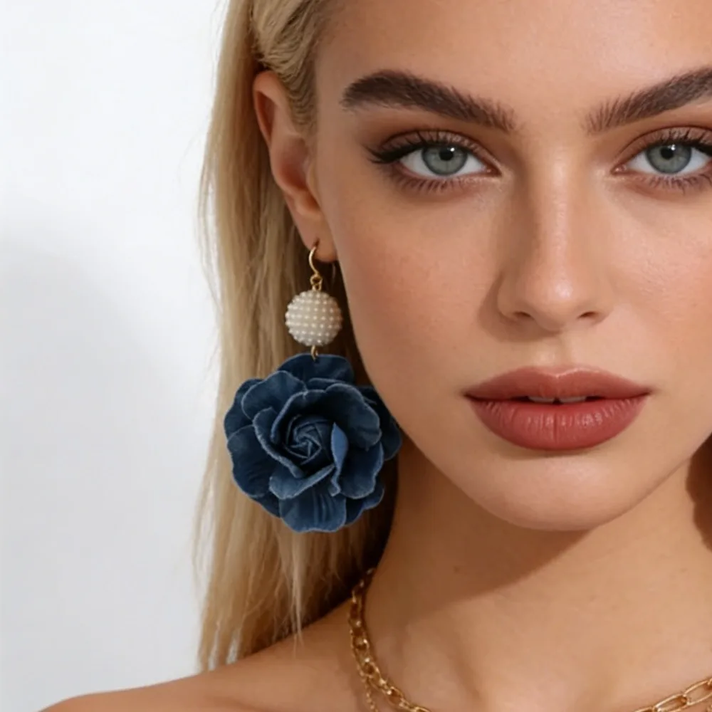 Exaggerate Camellia Floral Earrings, Handmade Denim Blue Rose Earrings for Women, Party Jewelry Gift
