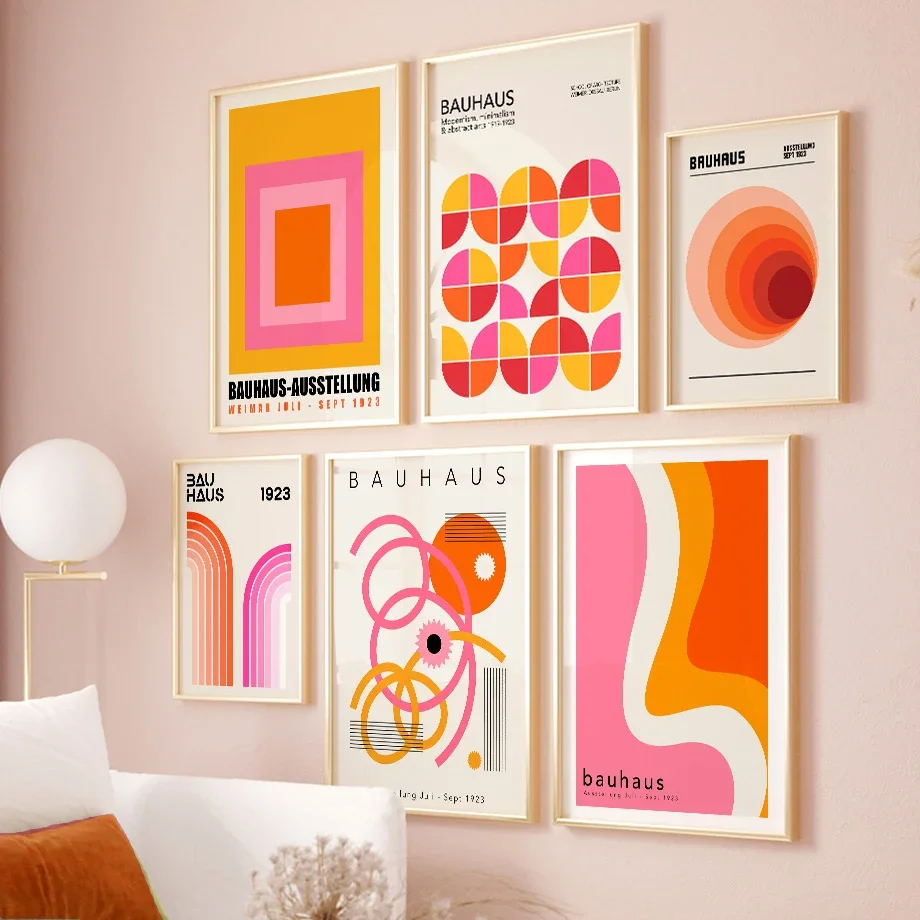 Orange Pink Bauhaus Abstract Line Geometry Posters Modern Wall Art Prints Gallery Canvas Painting Pictures For Living Room Decor