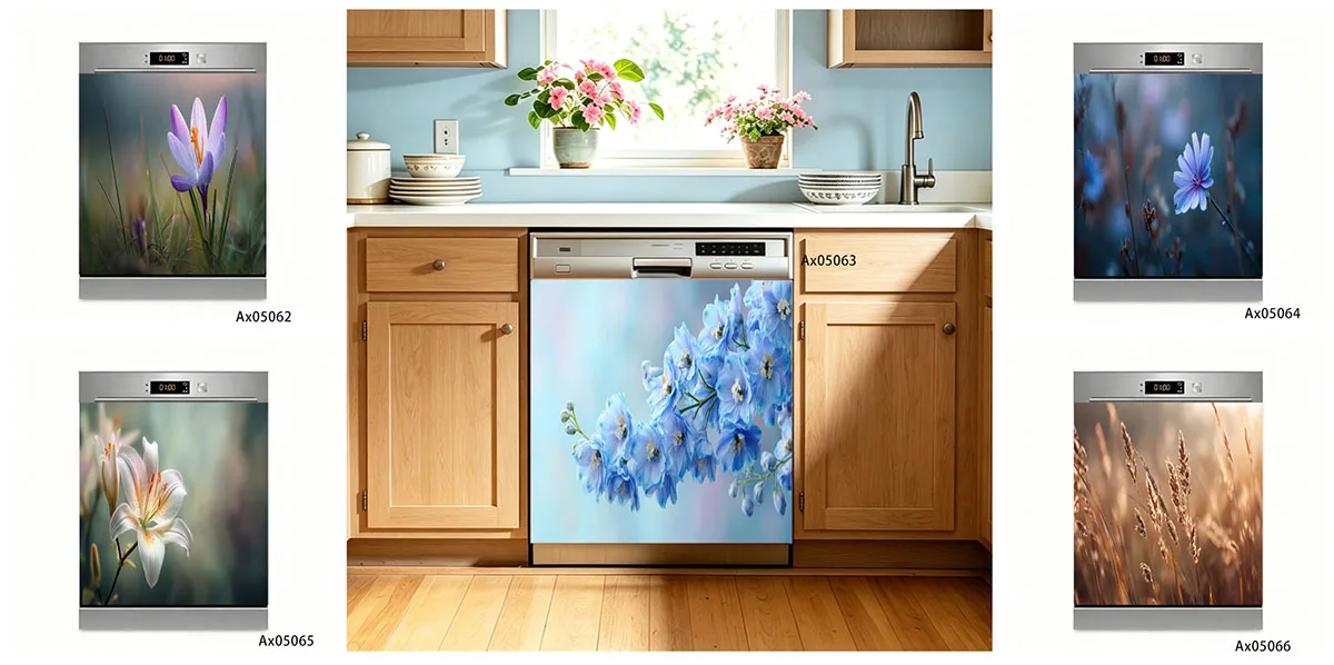 Wild Flower Plant Dishwasher Door Sticker Self Adhesive for Decorative Washing Machine Cabinets Wardrobe Door Aesthetics Decor