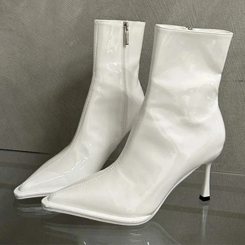 Fashion Patent Leather Pointed-Toe Ankle Boots for Women Unique Side-Zip Stiletto Chelsea Boots Concise Commuting Modern Boots