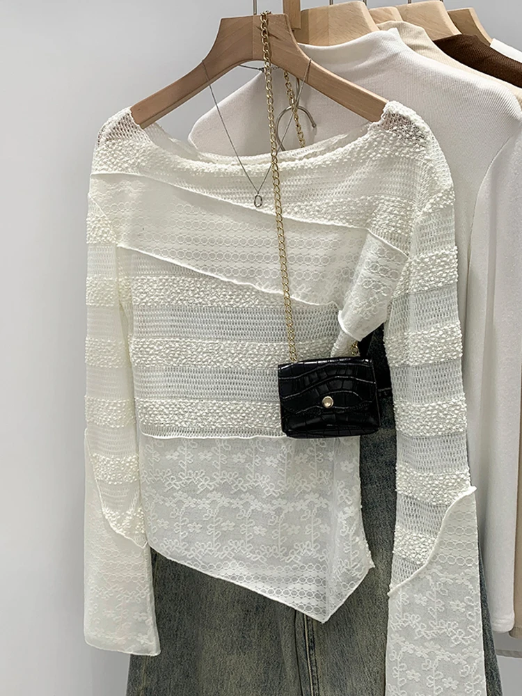 Irregular Hollow Out Long Sleeve T-Shirt for Women 2025 Summer New O-Neck Slim Fit Sunscreen Tops Retro Fashion Versatile Tees
