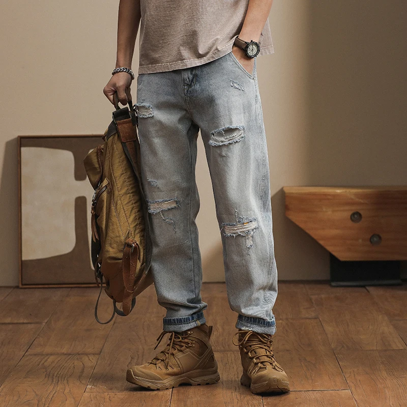 Japanese loose Harem pants spring and autumn retro vintage casual and versatile trendy cargo ripped jeans for men clothing