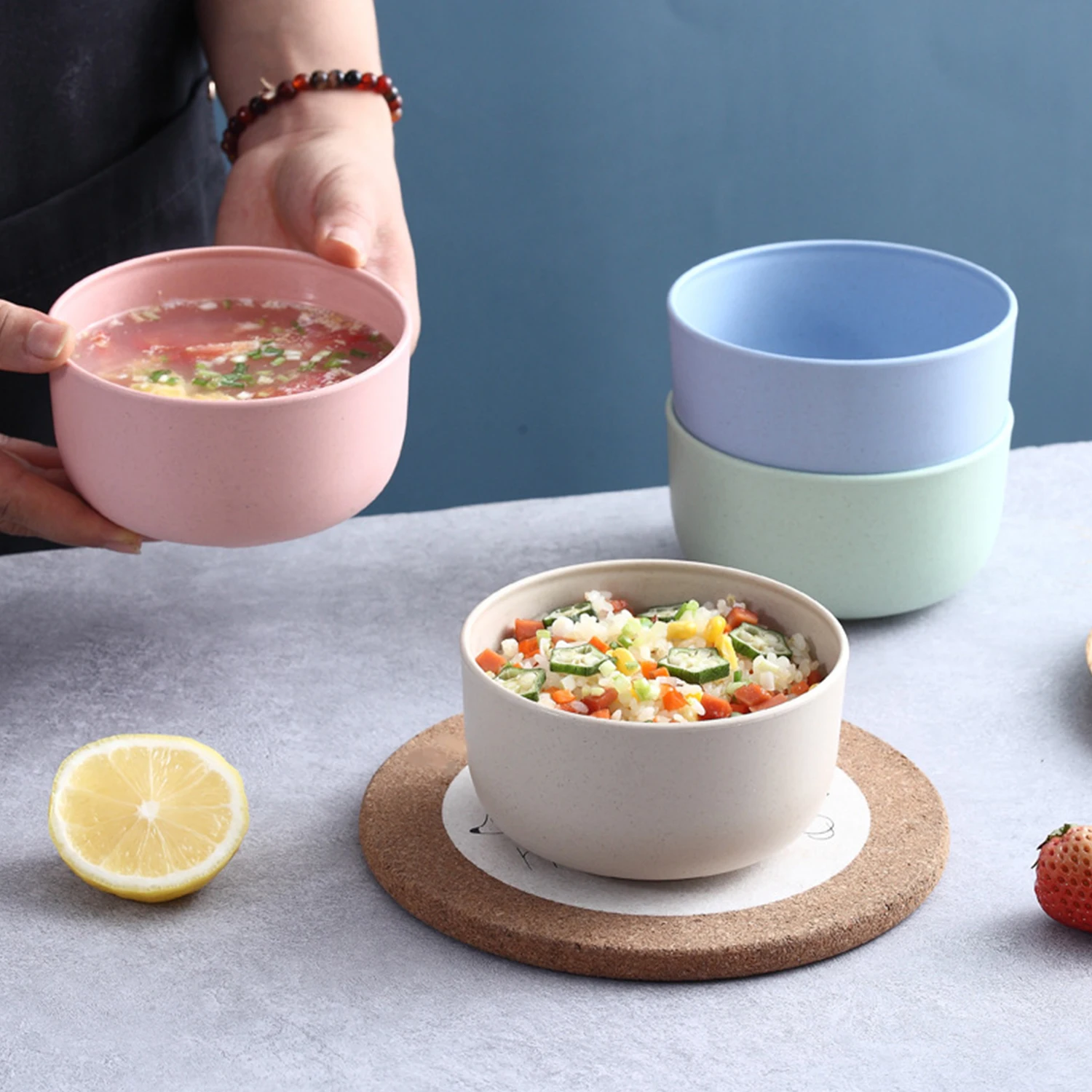 Round Bowl Rice Bowl Wheat Straw Soup Bowl Household Children's Tableware Anti-drop and Anti-scalding Rice Bowl Ramen Bowl