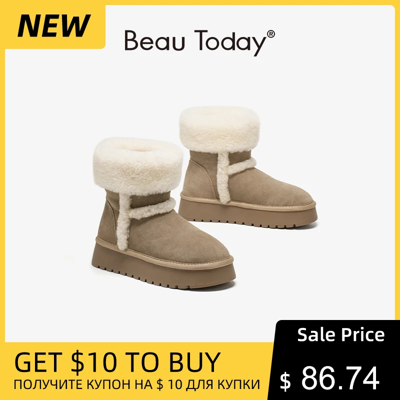 Botas de nieve BEAUTODAY para mujer, hechas a mano con cuero de vaca genuino y lana de cordero, punta redonda, plataforma, diseño sin cordones, cálidas, ideales para el invierno, calzado de mujer, modelo 08079.