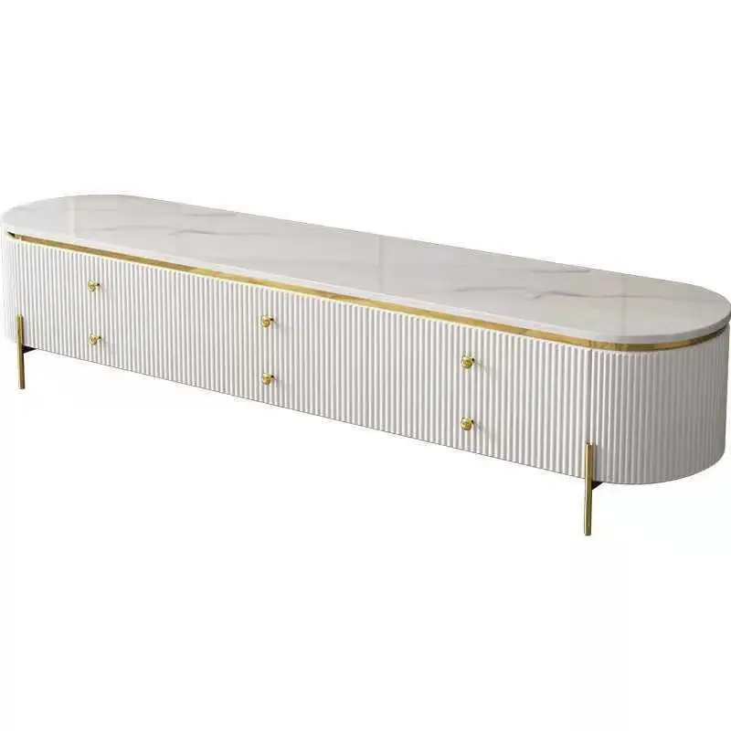 

Light luxury TV cabinet rock slab countertop stainless steel hardware paint coffee table