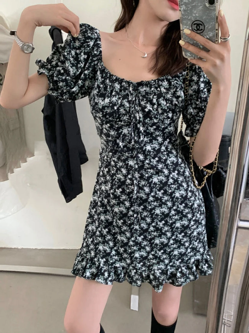 فستان نسائي بتصميم نحيف وطباعة زهور، موضة صيف 2025، ياقة مربعة، أكمام فقاعية، خصر مرتفع، مناسب للتنقل في المدينة، تصميم X، مث...