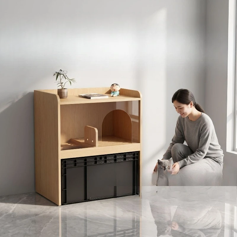 Solid wood cat litter cabinet Double-layer cat toilet Semi-closed removable pet cabinet