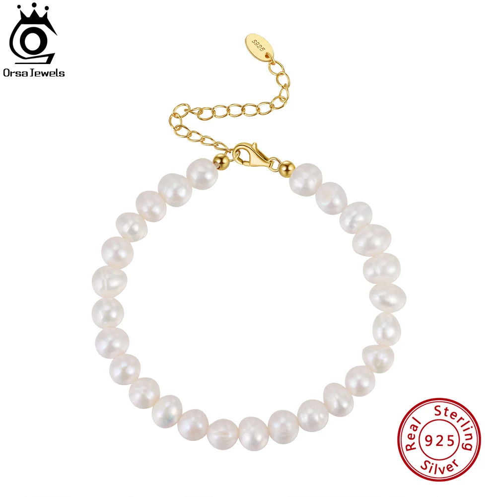 

ORSA JEWELS Simple Cultured Freashwater Pearls Beaded Bracelet Chain for Women 14K Gold Plated White Baroque Pearls Bangle GPB10