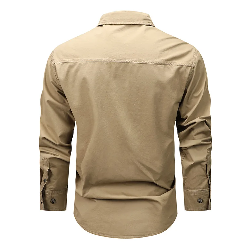 Long sleeved shirt, men\'s spring and autumn youth loose fit, large size, multiple pockets, pure cotton, thin workwear jacket