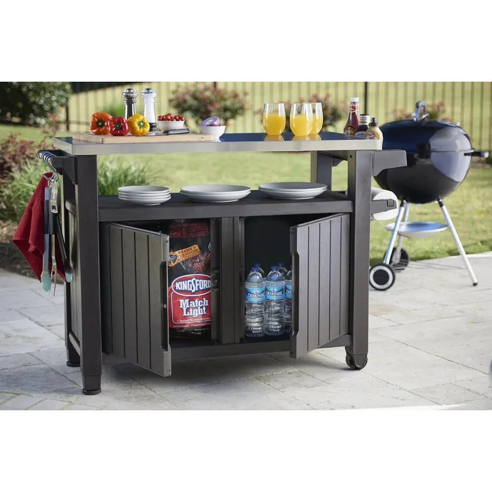 Keter XL Rolling Bar Cart Outdoor Patio Furniture, Resin Wicker Serving Cart with Shelves and Bottle Opener, Ideal for Deck