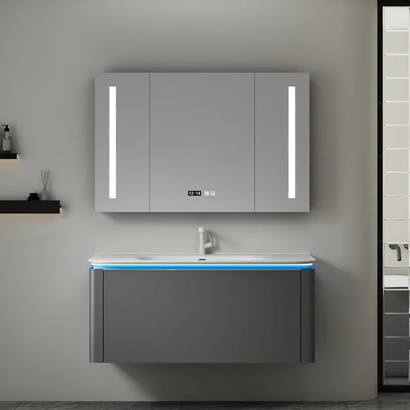 Modern arc ambient light solid wood paint-free bathroom cabinet  room smart mirror  combination wash sink