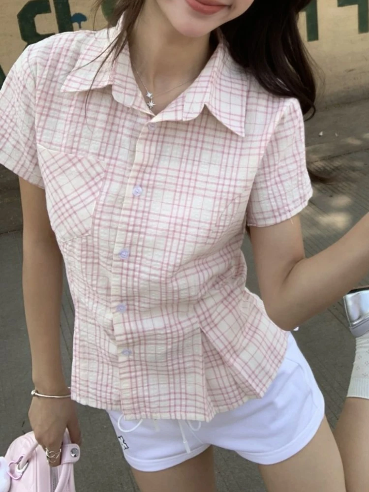 

Эстетическая повседневная винтажная клетчатая рубашка с лацканами High Street в стиле ретро с коротким рукавом, тонкие топы для девочек, женские дизайнерские шикарные наряды Хепберн