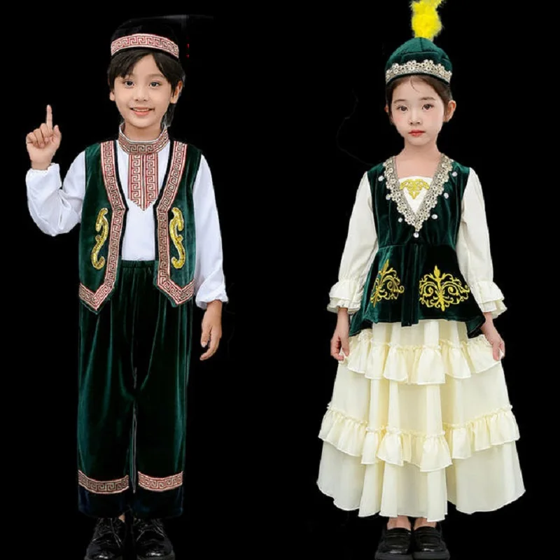 Ropa étnica tradicional, trajes de baile de minorancias étnicas de Xinjiang, traje de actuación en escenario para niños, vestido de fiesta y Festival