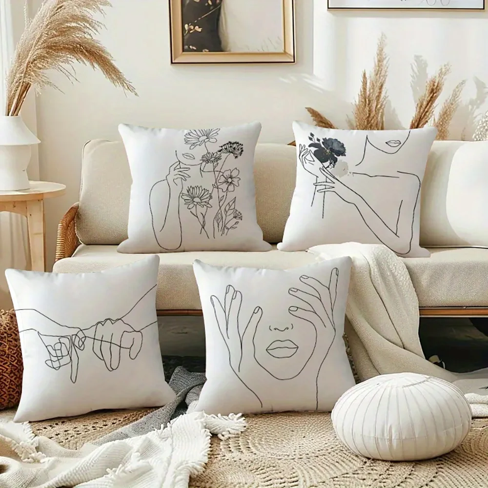 1pc 2D Flat Minimalist Line Art Holding Hands Throw Pillow Cover