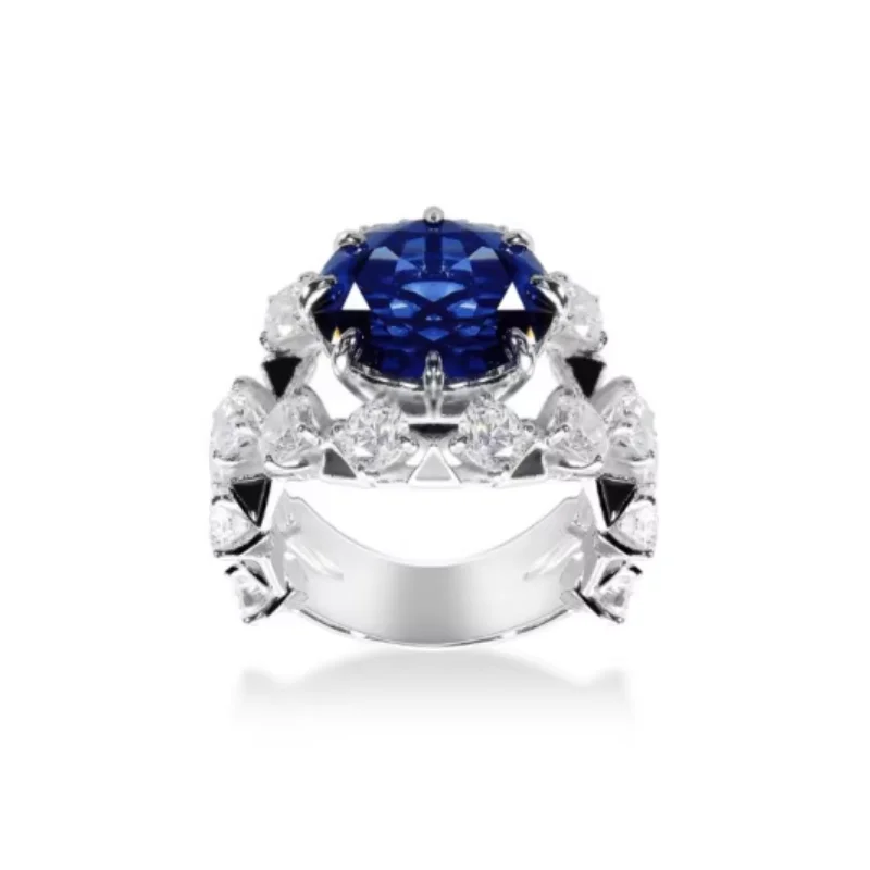 BELLUX 925 Silver Synthetic Zircon Blue Oval Shaped Royal Blue Sapphire Angel's Eye Luxury Ring Dinner Party Jewelry