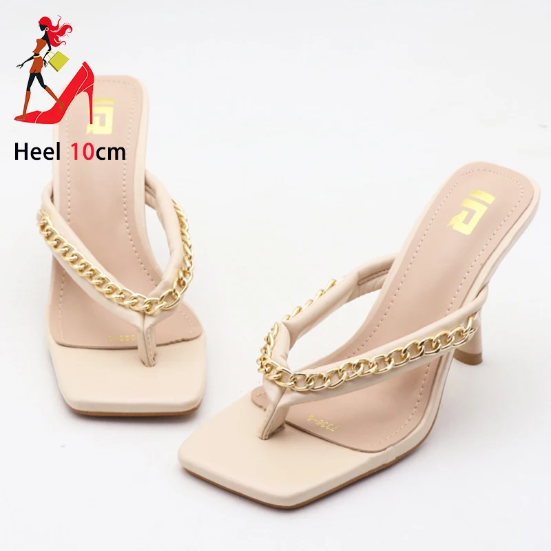 Ladies Square Toe Summer Shoes 10CM Outdoor High-heeled Sandals For Woman Chain Style Casual Clip Toe Slippers Black Flip Flops