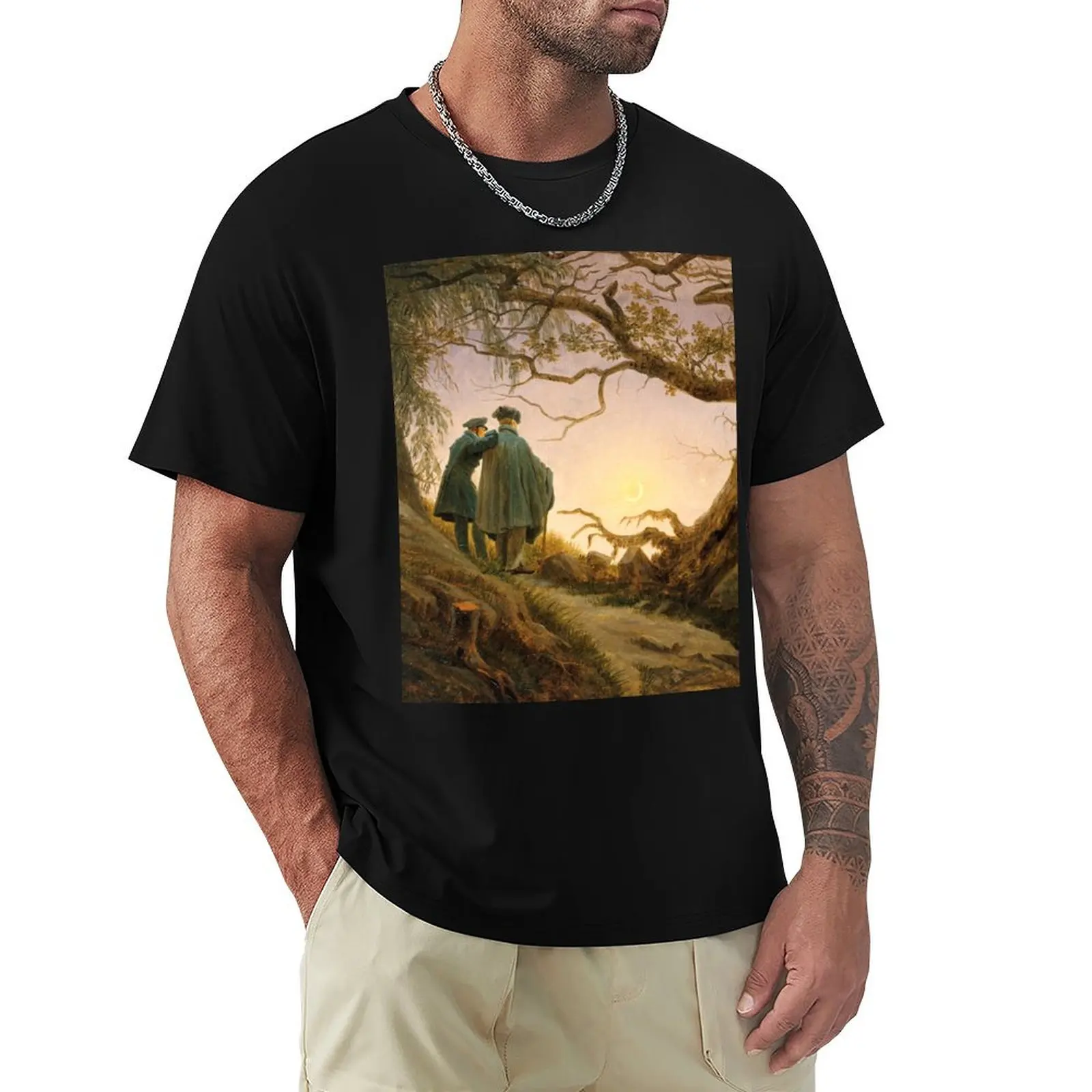 Two Men Contemplating the Moon, by Caspar David Friedrich T-Shirt Novelty Graphic Tee Shirt