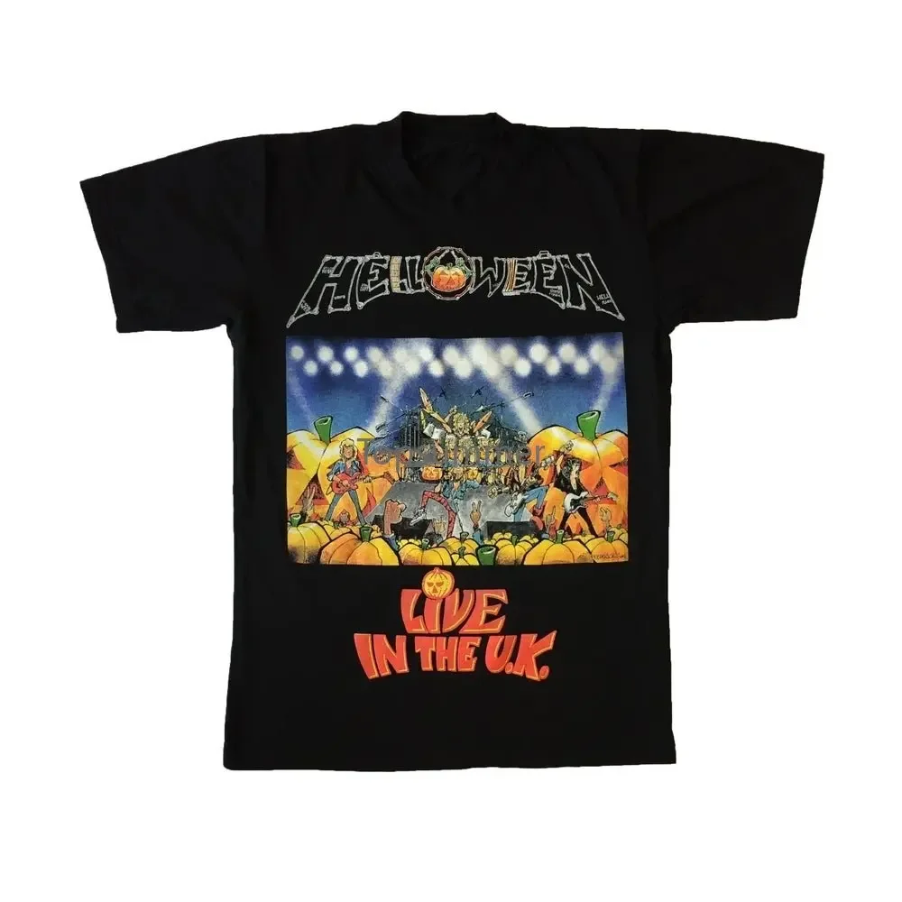 Vintage Helloween Live In U.K. T Shirt Rare Speed Power Heavy Metal Band Concert Tour Album Promo Retro Merchandise Black Tee