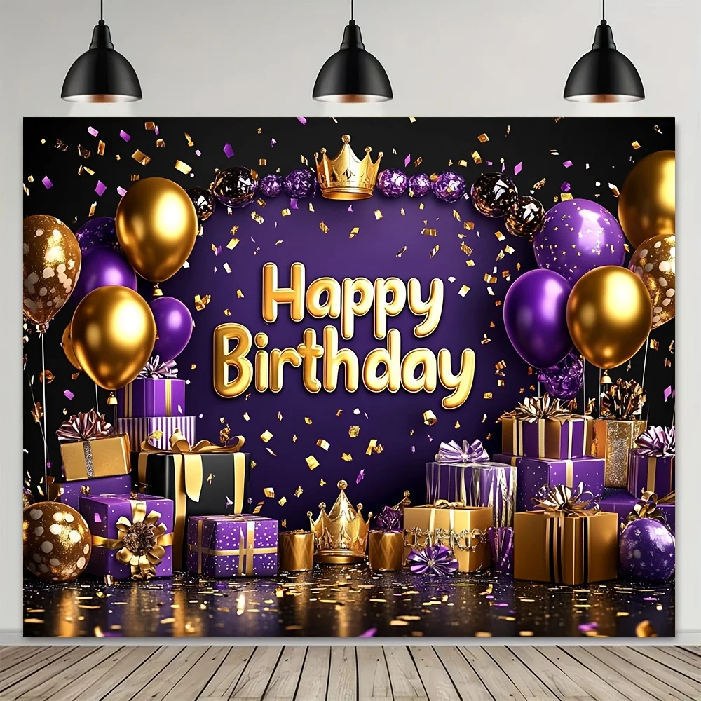 Glamorous Happy Birthday Wall Tapestry Backdrop Gold Purple Balloons Luxury Gift Display Celebration Party Room Decoration Wall